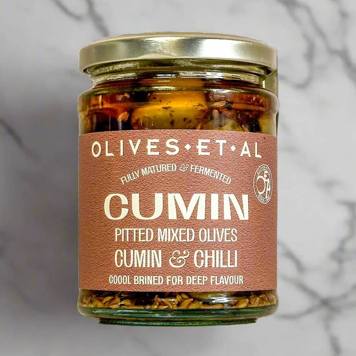 Cumin, Mint & Chilli Pitted Mixed Olives for wholesale by Olives Et Al
