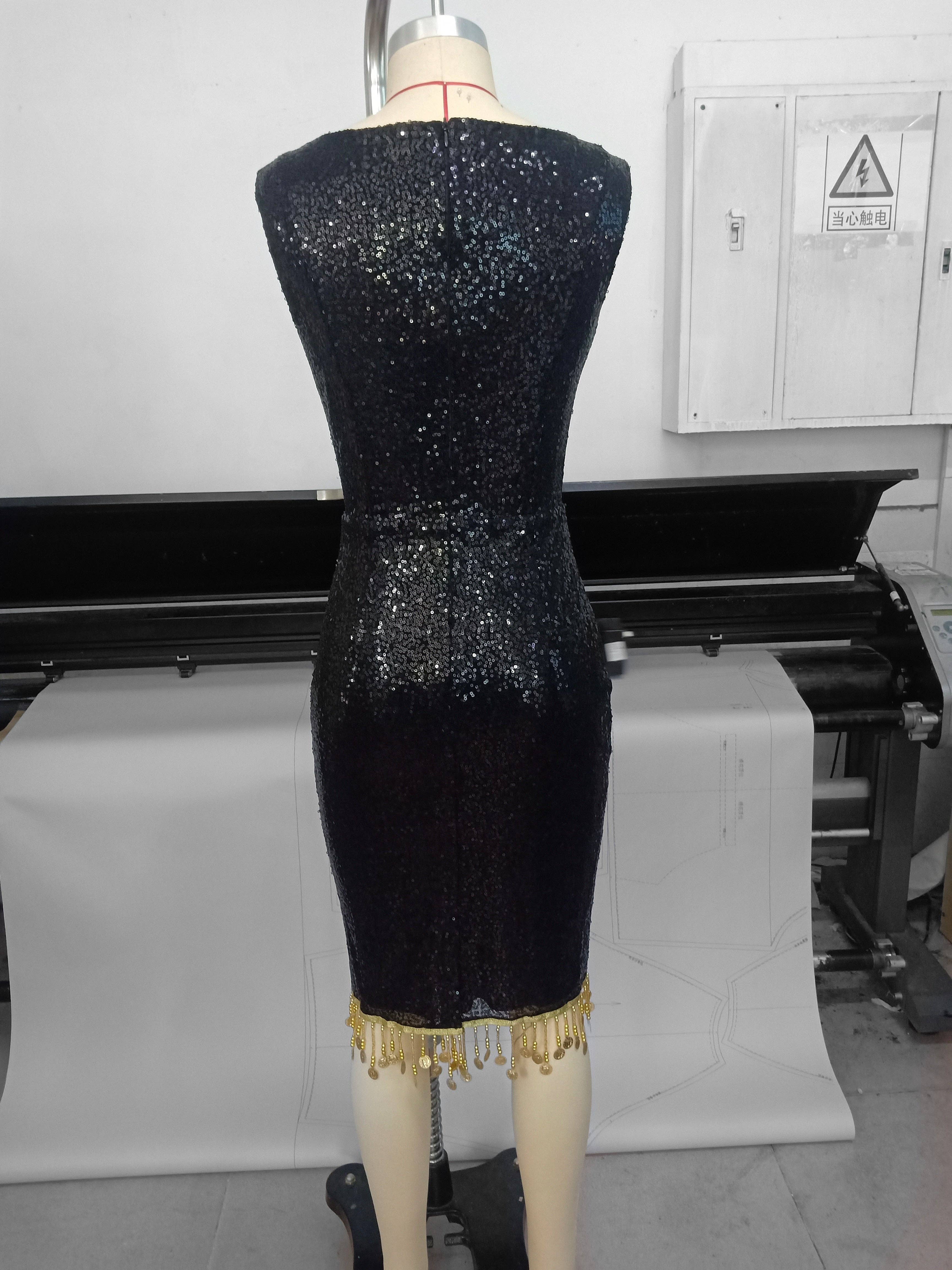 Weasel Wear - Wholesale Dress - Women's - Pauline Sacred Heart Sequin Wiggle Dress - Black Sequin Wiggle Dress with Gold Beading & Sacred Heart Appliqué (Saint & Sinner Edition)4