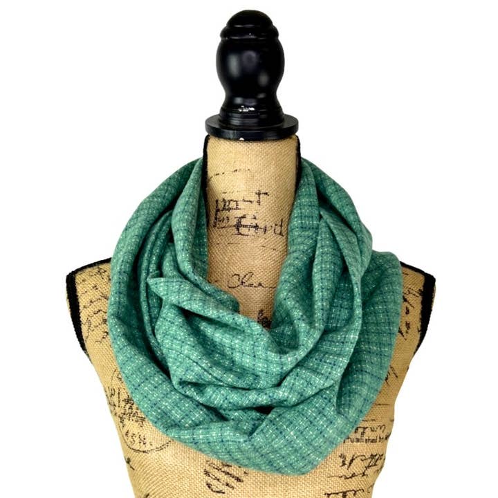 Seafoam Green and Blue Small Check Plaid Infinity Scarves for wholesale by Thistle & Stitch
