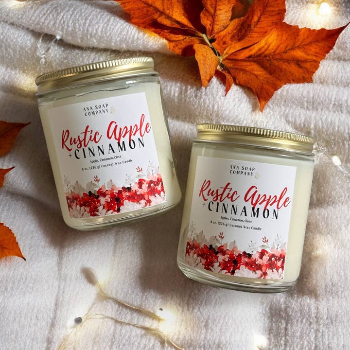 Ana Soap Company - Wholesale Jar/Filled Candle - Rustic Apple+Cinnamon-8oz Clear Glass Coconut Candle 1