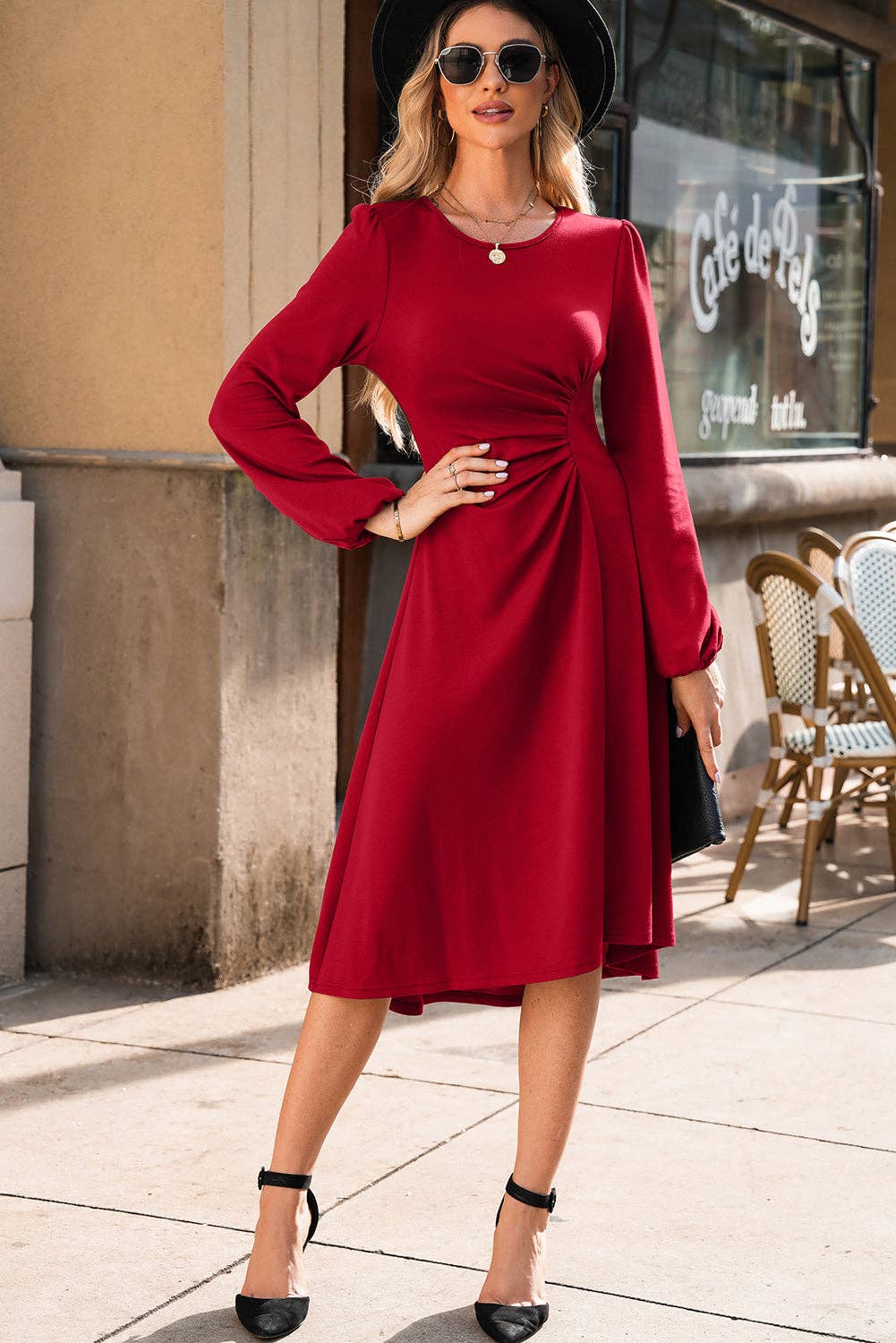 Fiery Red Solid Ruched Long Sleeve Midi Dress for wholesale on Faire0