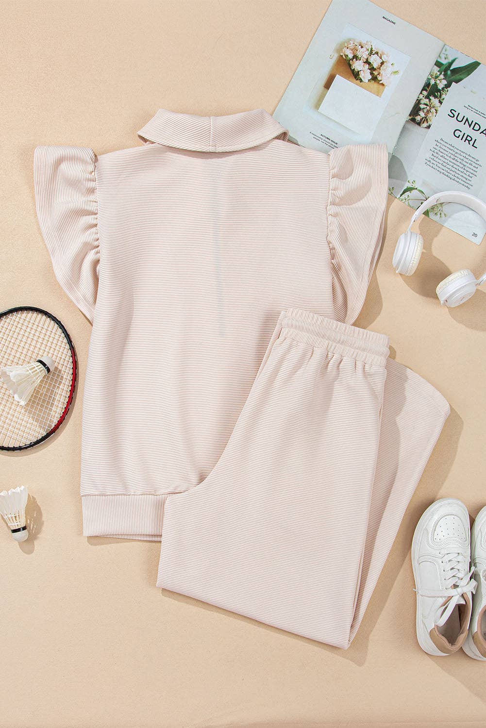 PRETTY BASH – Engroshandel Loungesæt - Dame – Sæt med tekstureret flæse halv lynlås top og bukser3