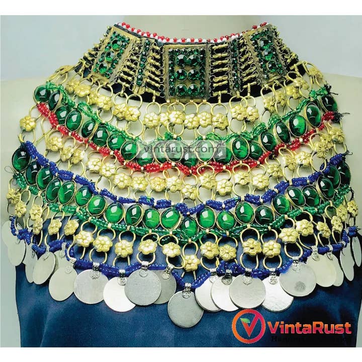 vintarust – wholesale Choker/Krage – Grönt choker halsband, kristallsten och antika mynt