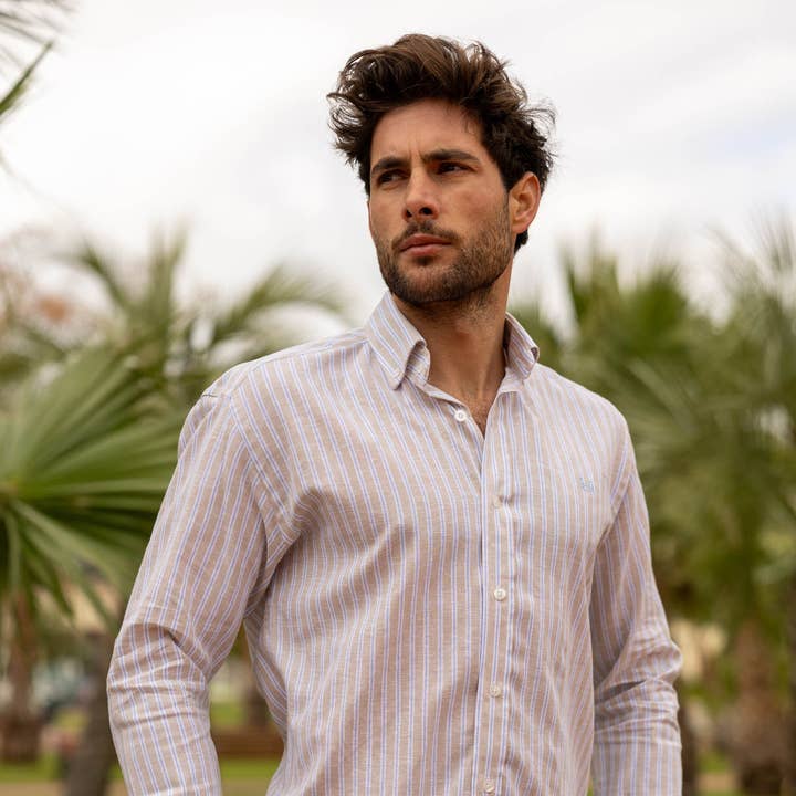 Beige and Light Blue Striped Linen Shirt | Palma for wholesale by Custi Mikelo: Men's Clothing & Christmas Gifts