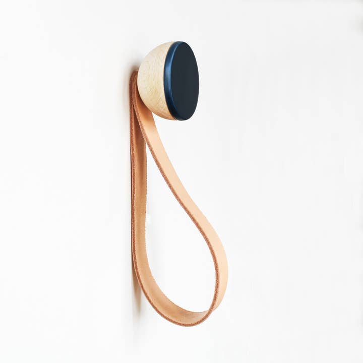 5mm Paper - Wholesale Wall Hook - Wood & Ceramic Coat Hook / Hanger Leather Strap - Dark Blue