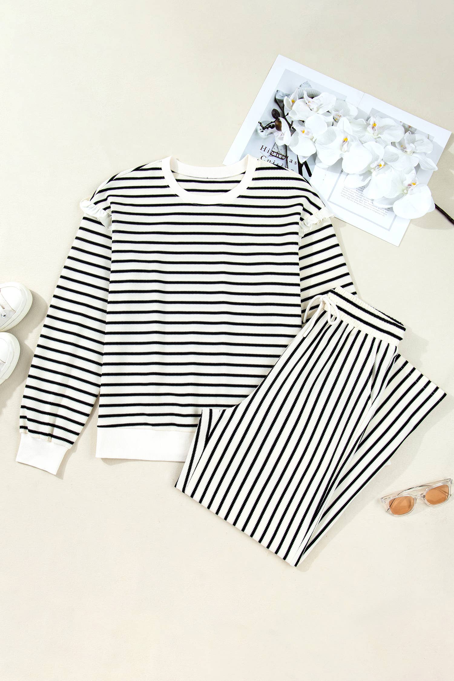 White Stripe Ruffle Trim Drop Shoulder Top Drawstring Loose Pant Set for wholesale on Faire2