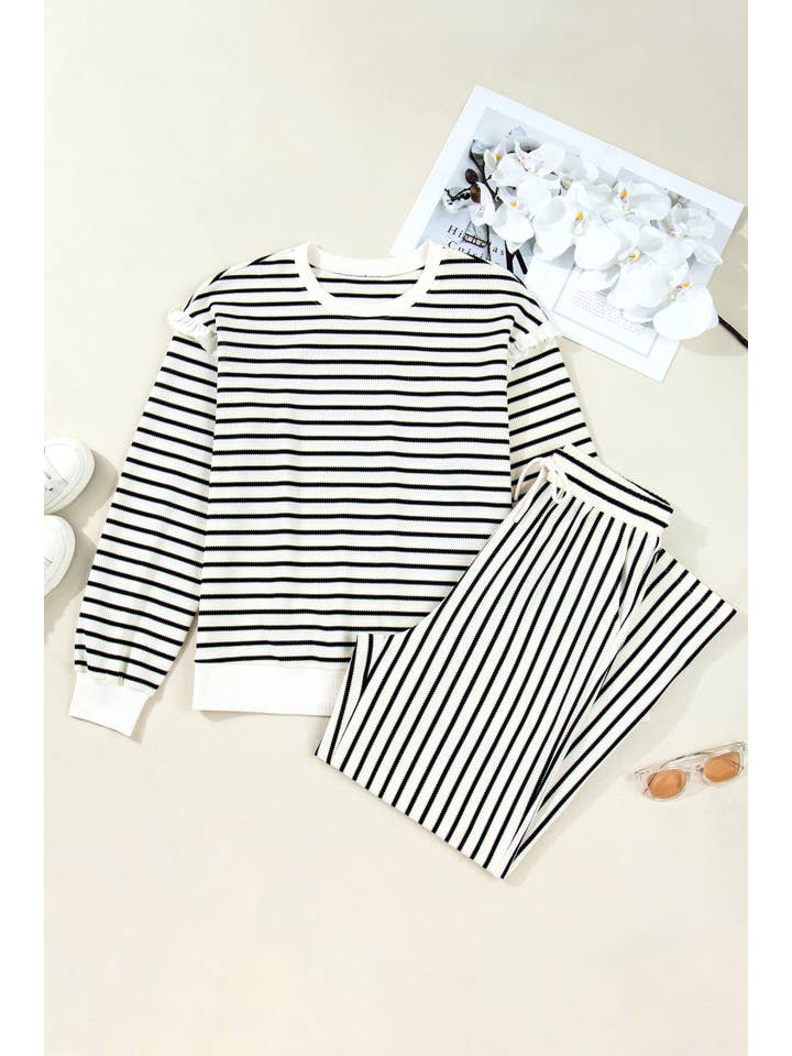 White Stripe Ruffle Trim Drop Shoulder Top Drawstring Loose Pant Set for wholesale on Faire2