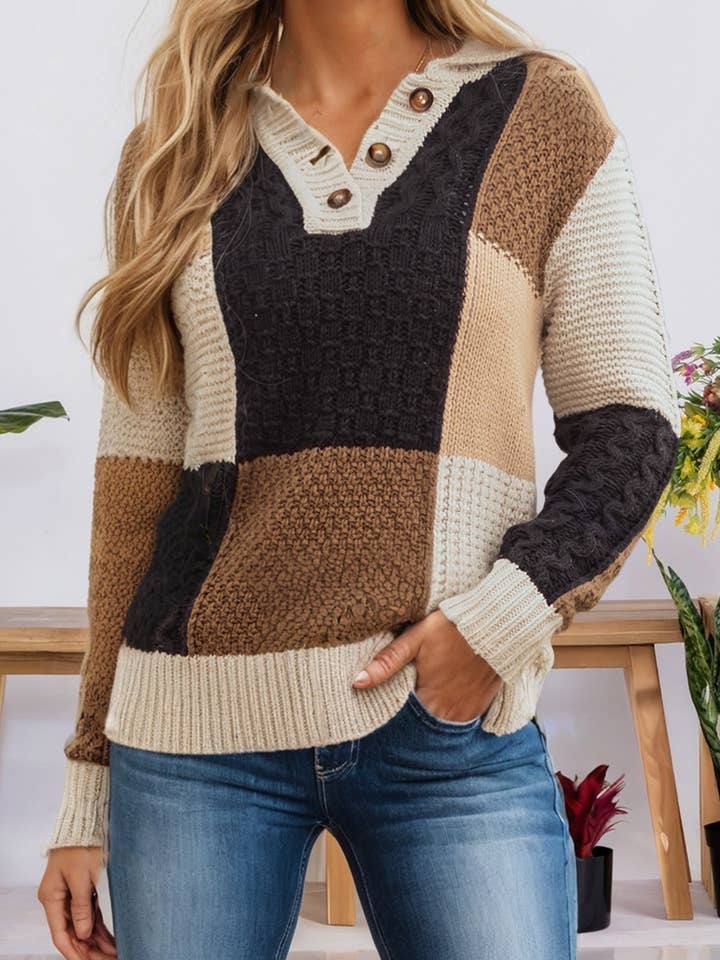 Colorblock Cable Knit Sleeve Buttons Collared Sweater (S-XL) for wholesale by 66DISCO