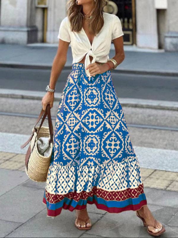 Sheer Trend - Wholesale Skirt - Women's - Loose Contrast Color Pleated Printed Skirts Bottoms1