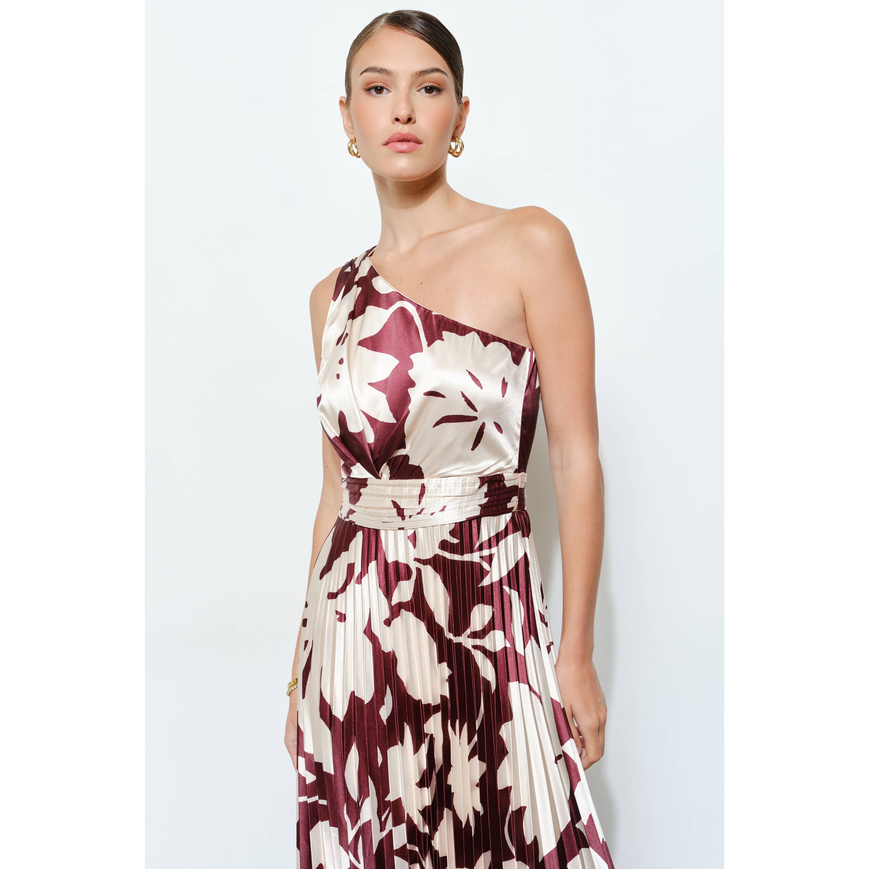 MOCHA MOUSSE One Shoulder Satin Floral Print Pleated Maxi Dress for wholesale on Faire6