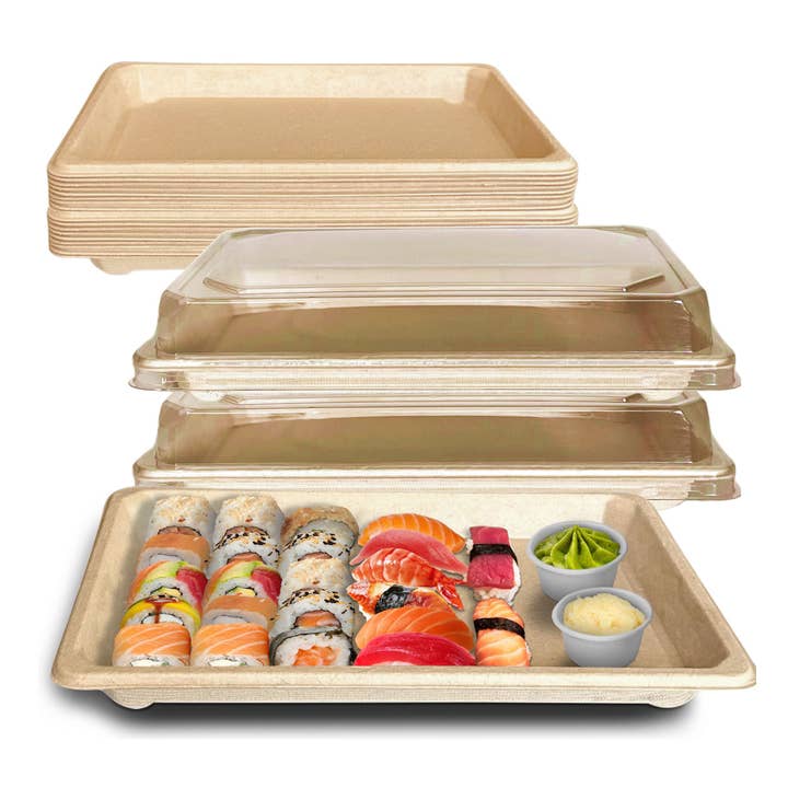 EcoQuality – wholesale Serving tray – 1.5L X-Large Compostable Natural Sugarcane Sushi Trays with Lids