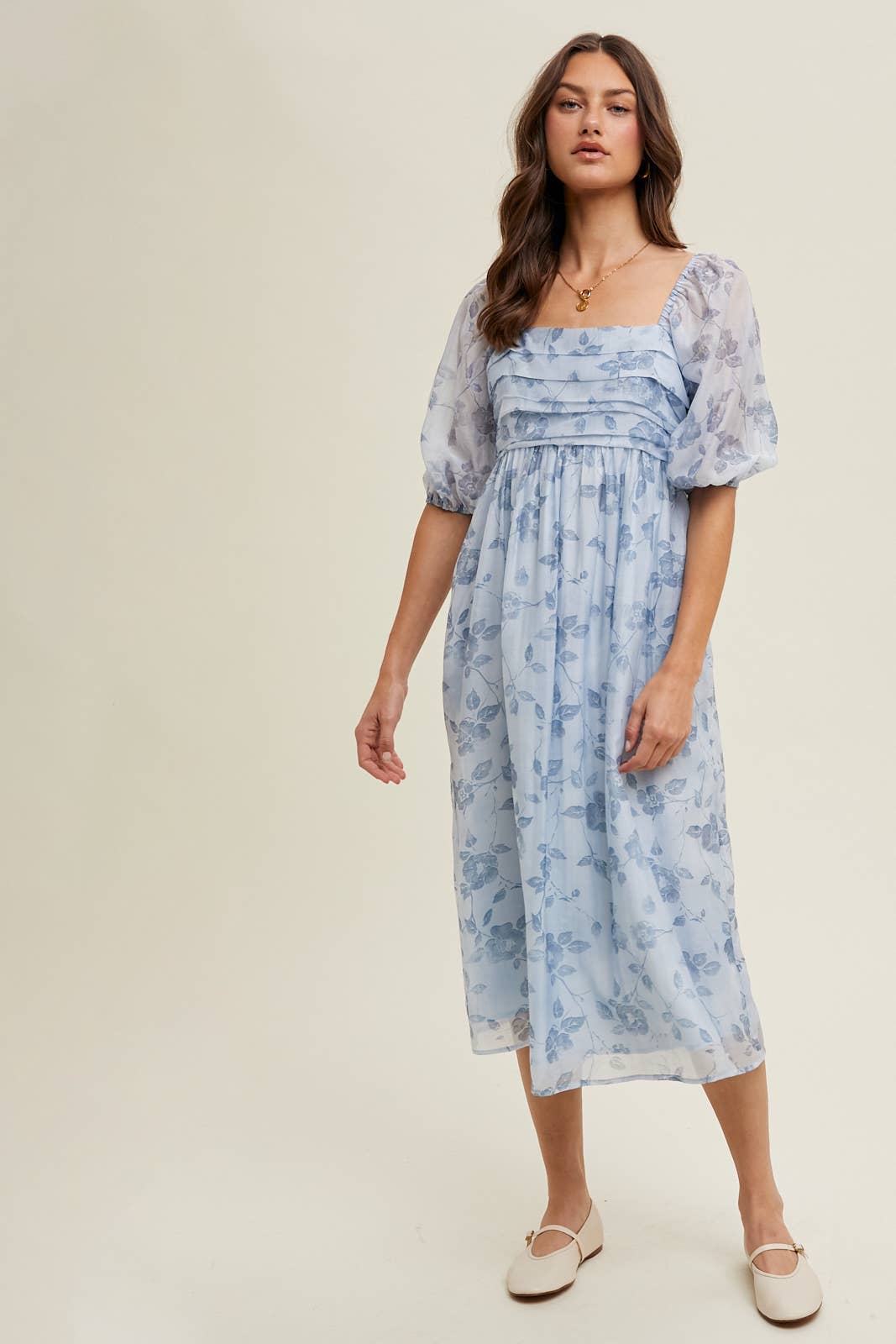 COMBO AZUL VESTIDO MIDI COM DETALHE DE BUSTO PLISSADO FLORAL/WL24-9358 para venda a revendedores na Faire3