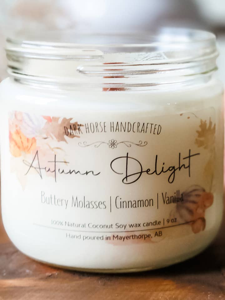 Autumn Delight - Wood Wick Candle, Spiced Molasses + Vanilla for wholesale by Dark Horse Handcrafted