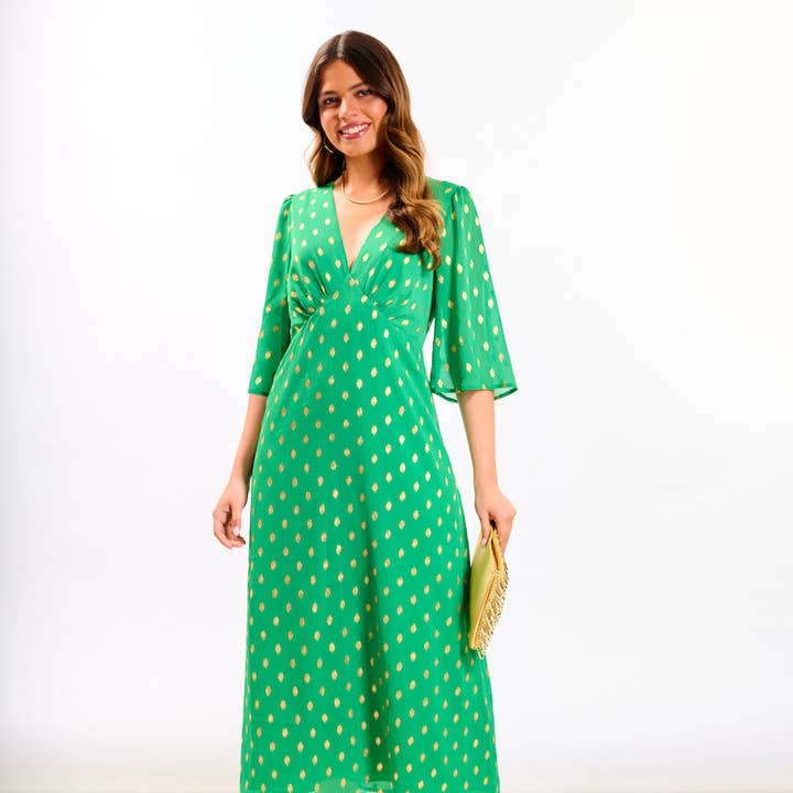 Grünes Chiffon-Midikleid mit Folie für den Großhandel von Needs No Label