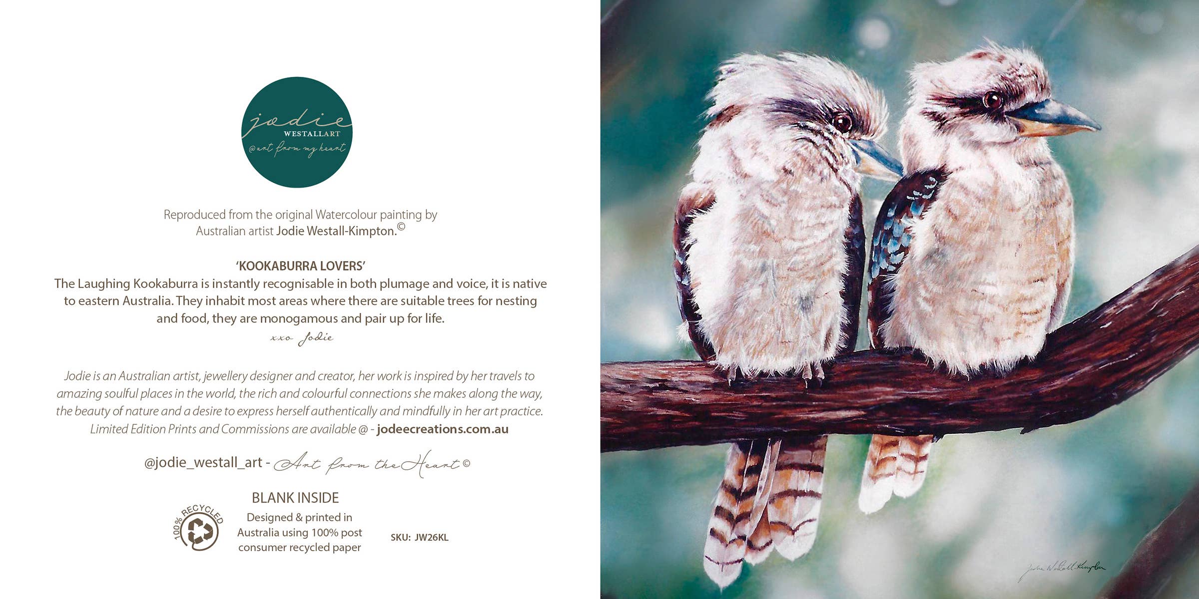Jodie Westall Art - Vendita all'ingrosso Biglietti di auguri generici - Kookaburra Lovers - Biglietto di auguri2