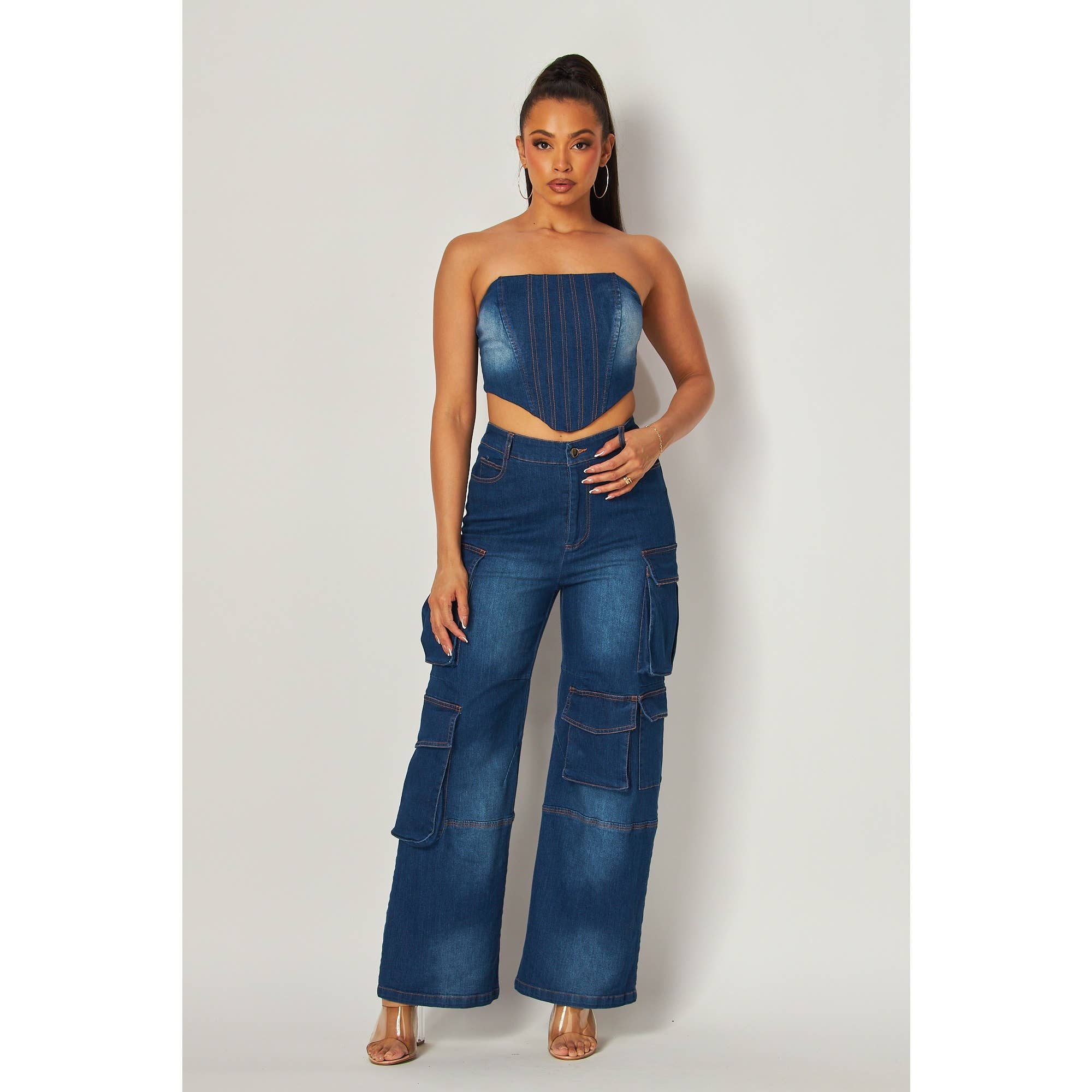 Miss 8 - Wholesale Top & Pant Set (NOT Loungewear) - Women's - Denim Cargo Strapless Top and Wide-Leg Pants Set5