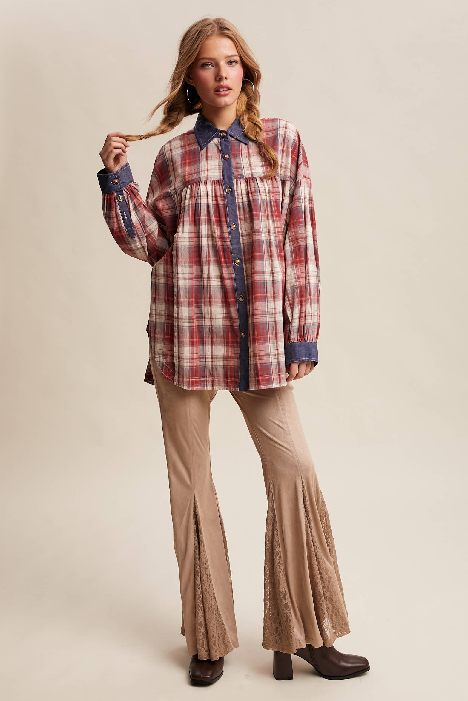 Listicle - Wholesale Button Down Shirt - Women's - Mixed Plaid Oversized Button-Down Shirt LJ020527