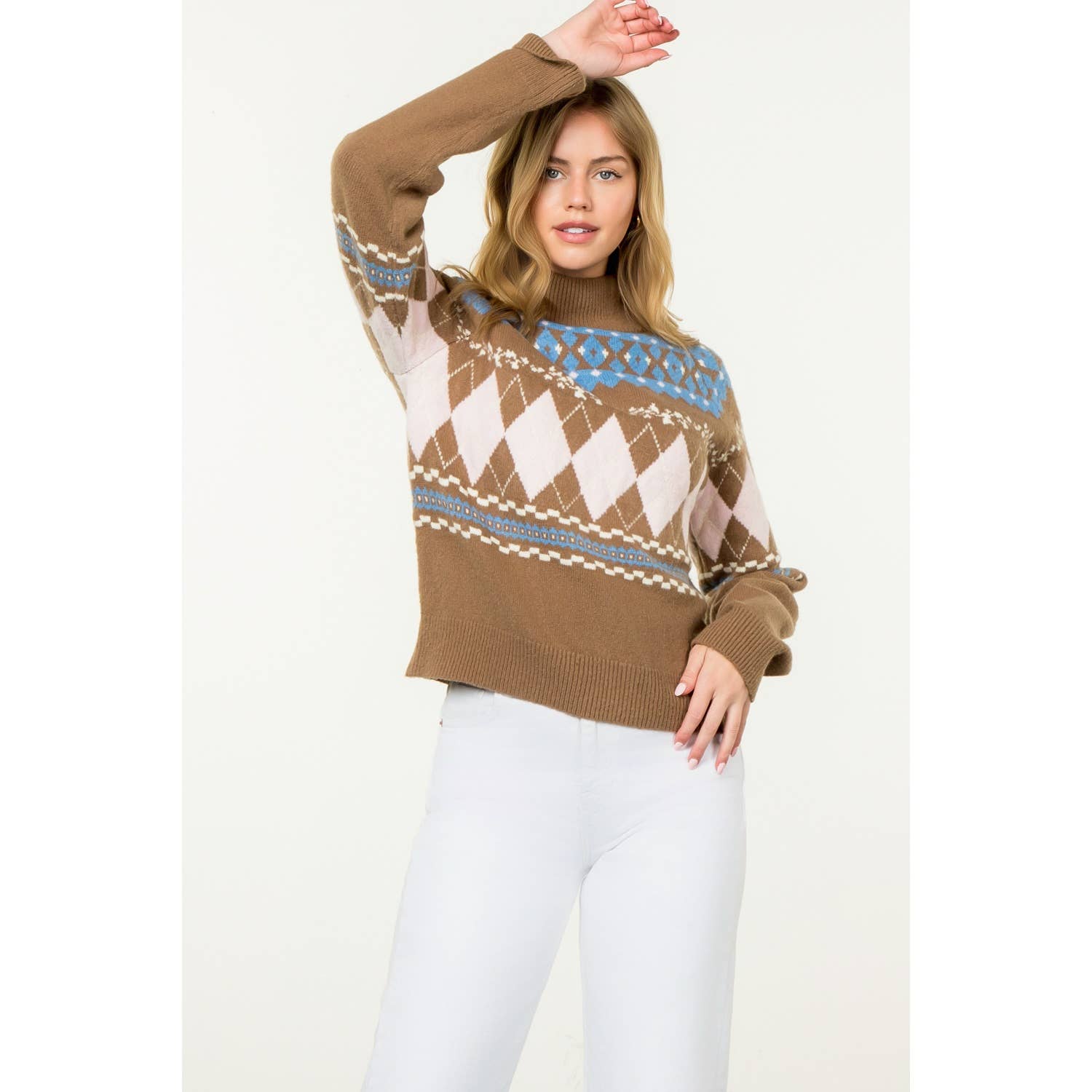 BROWN Argyle Fair Isle Mock Neck Sweater for wholesale on Faire6