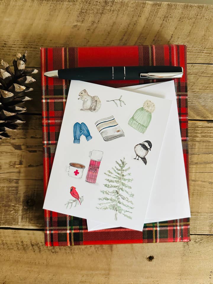 Winter woodland watercolor illustrated blank notecard set for wholesale by LSA-studio