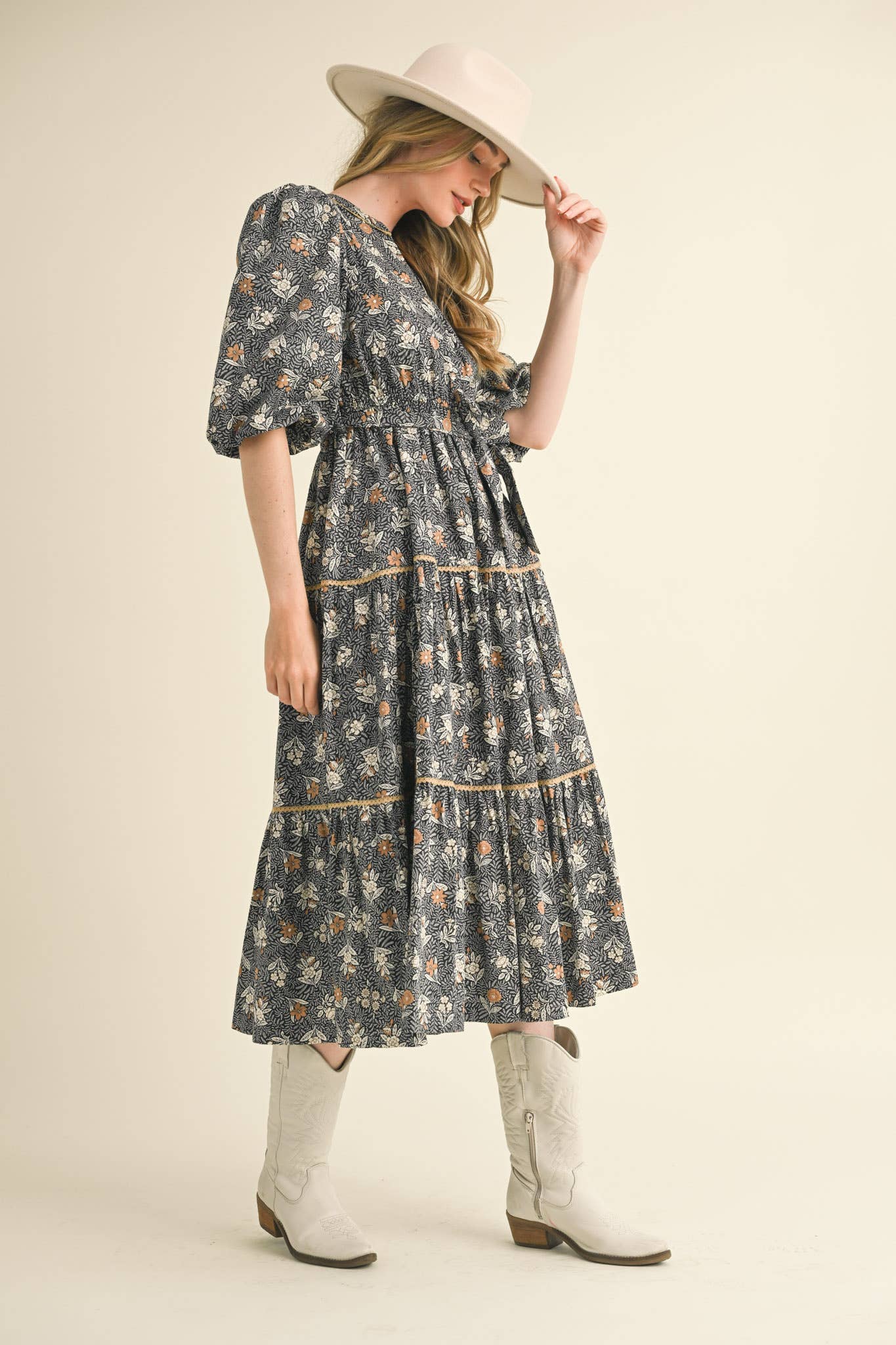 &MERCI - Wholesale Dress - Women's - BUBBLE SLEEVE LACE TRIM MIDI DRESS MDR343010