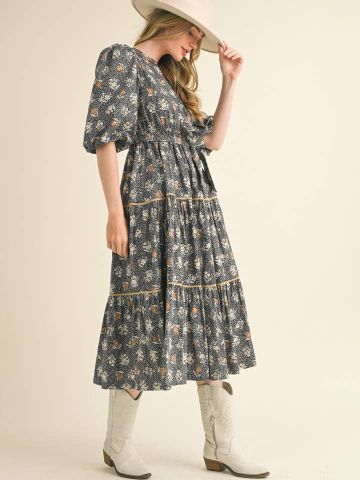 &MERCI - Wholesale Dress - Women's - BUBBLE SLEEVE LACE TRIM MIDI DRESS MDR343010