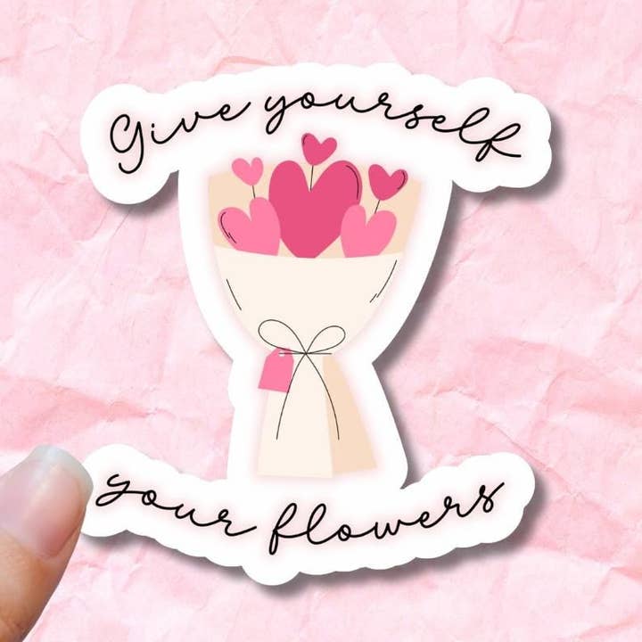 Schenke dir selbst Blumen Vinyl-Aufkleber | Herzförmiges Blumenstrauß-Design | Bücherliebhaber-Geschenk | Aufkleber für Bücherwürmer | Für Laptops, E-Reader für den Großhandel von Belle Lis Design Co.