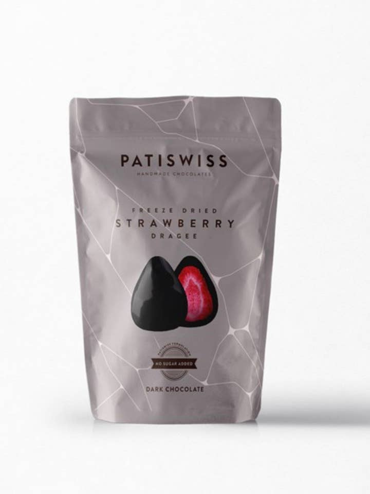 No Sugar Added Dark Chocolate Strawberry Dragee 80gr for wholesale by Patiswiss Handmade Chocolate