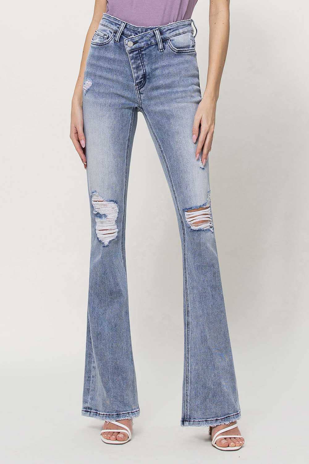 DANNY HIGH RISE CRISS CROSS BUTTON UP FLARE JEANS V3032 for wholesale on Faire