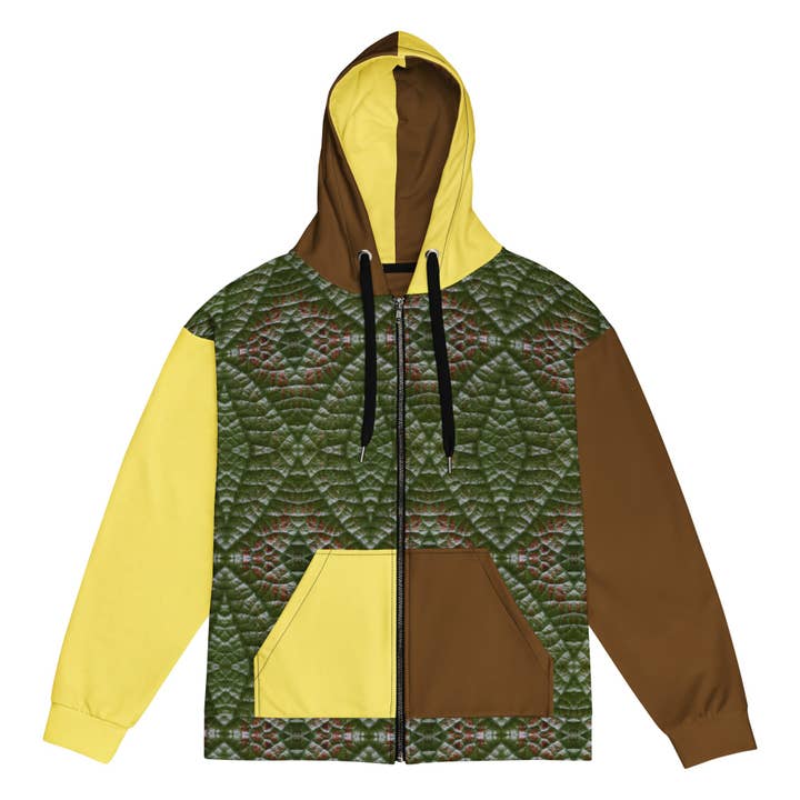 Brun og gul hættetrøje med lynlås og bladmønster for engroshandel hos IszyBee Arts