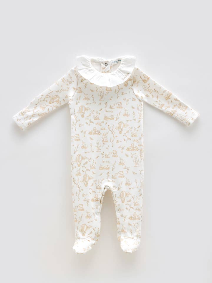 Baby Footed Onesie - Toile De Jouy/Beige for wholesale by Atelier Babbi