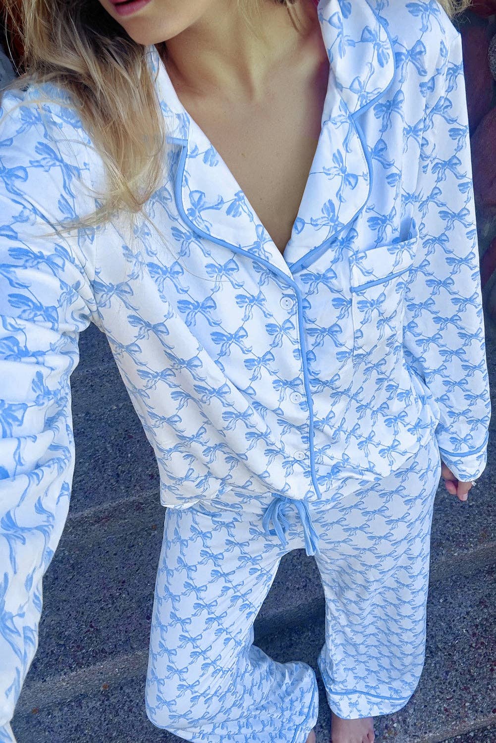 Lovesoft - Wholesale Sleepwear Set - Women's - Sky Blue Bow Print Long Sleeve Shirt and Pants Soft Pajama Set1