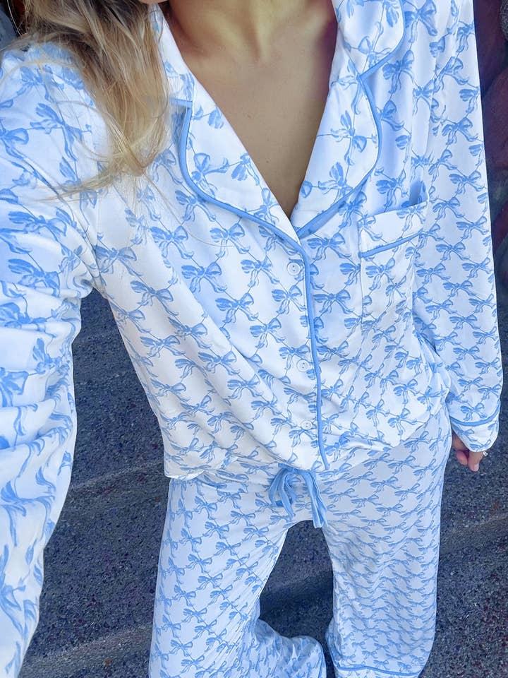 Lovesoft - Wholesale Sleepwear Set - Women's - Sky Blue Bow Print Long Sleeve Shirt and Pants Soft Pajama Set1