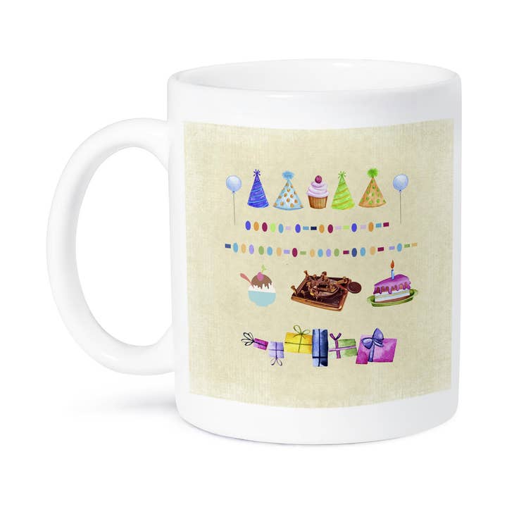 3dRose - Wholesale Coffee Mug - 3dRose, Image of Morse Code Birthday, Telegraph, Cake, Hats, Balloons, Gifts , Mug8