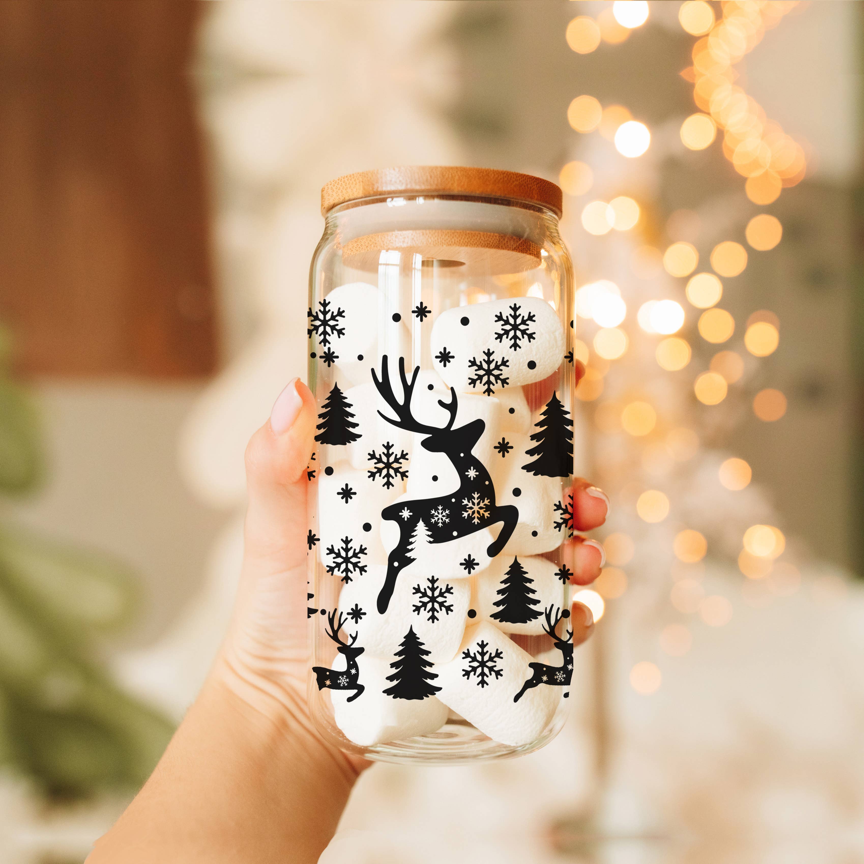 Gia Roma - Venta al por mayor Vaso/copa - Tazas de cristal para café navideñas con pajitas y tapa de madera, diseño de copos de nieve73