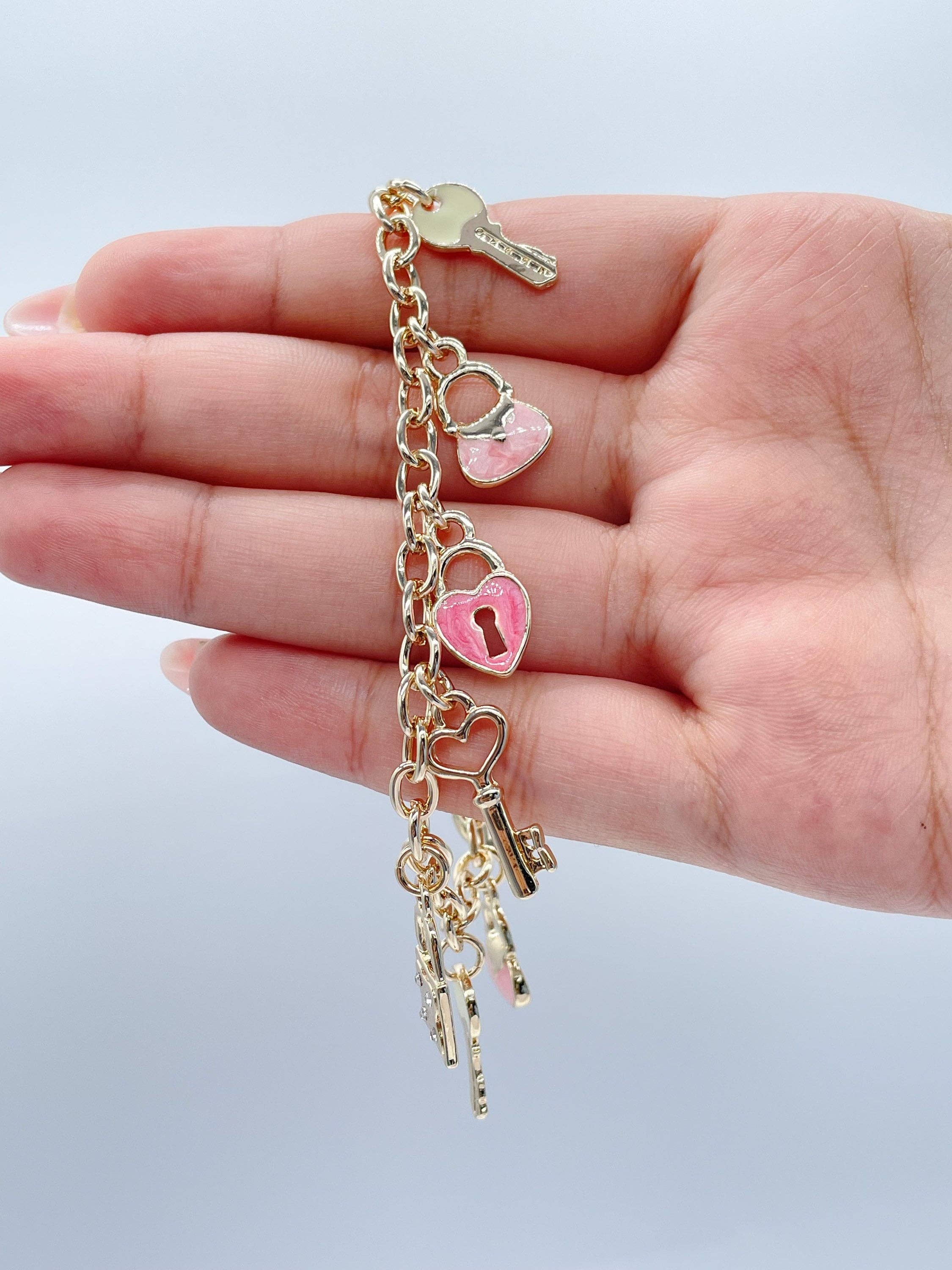 Milie - Vente Bracelets à breloques/pendentifs - Bracelet Charme Rose 18k GF Avec Cœur & Clés3