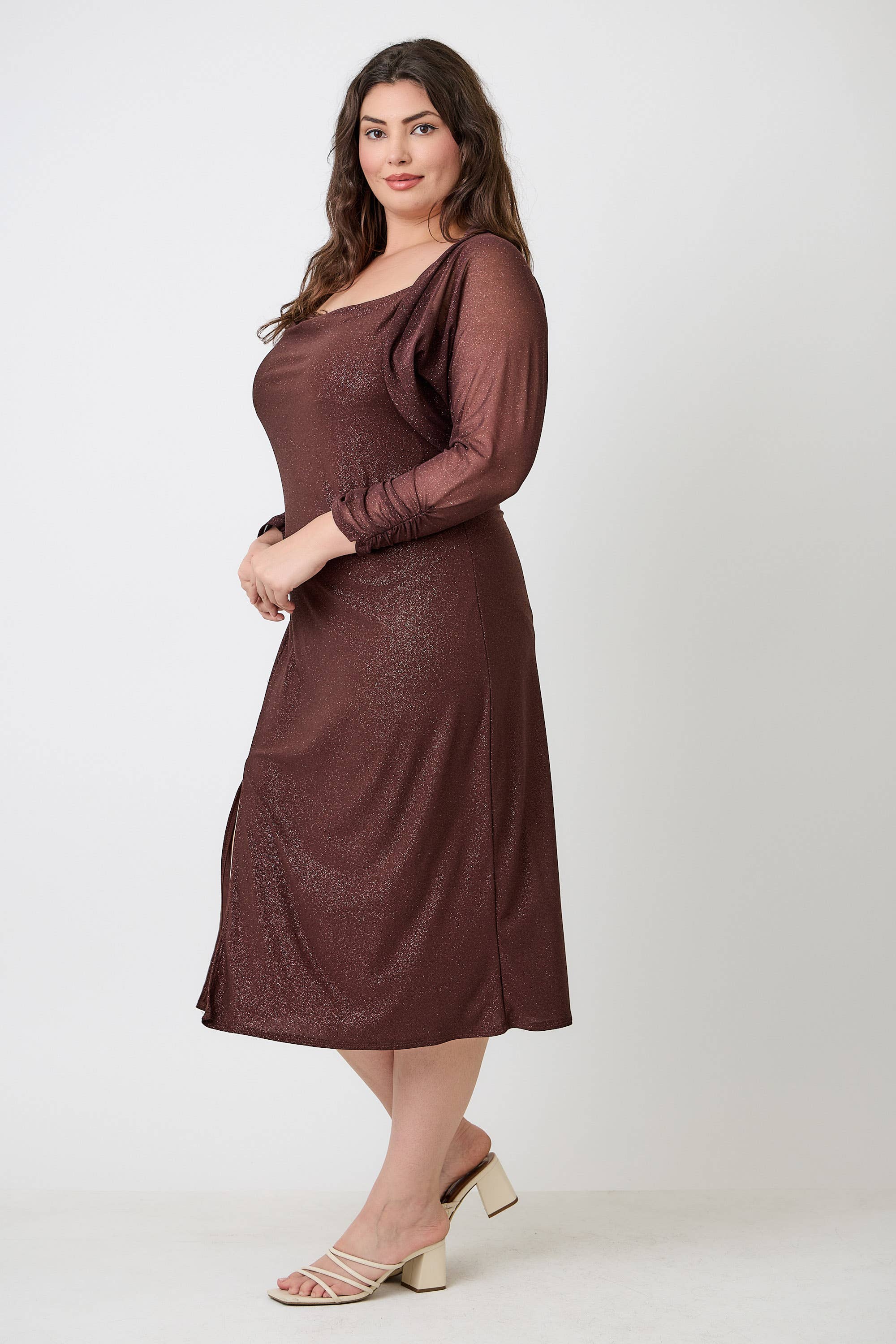 Haute Fox Plus Size & Contemporary - Wholesale Dress - Women's - Plus Size Shimmer Midi Dress with Front Slit JK18749-D9