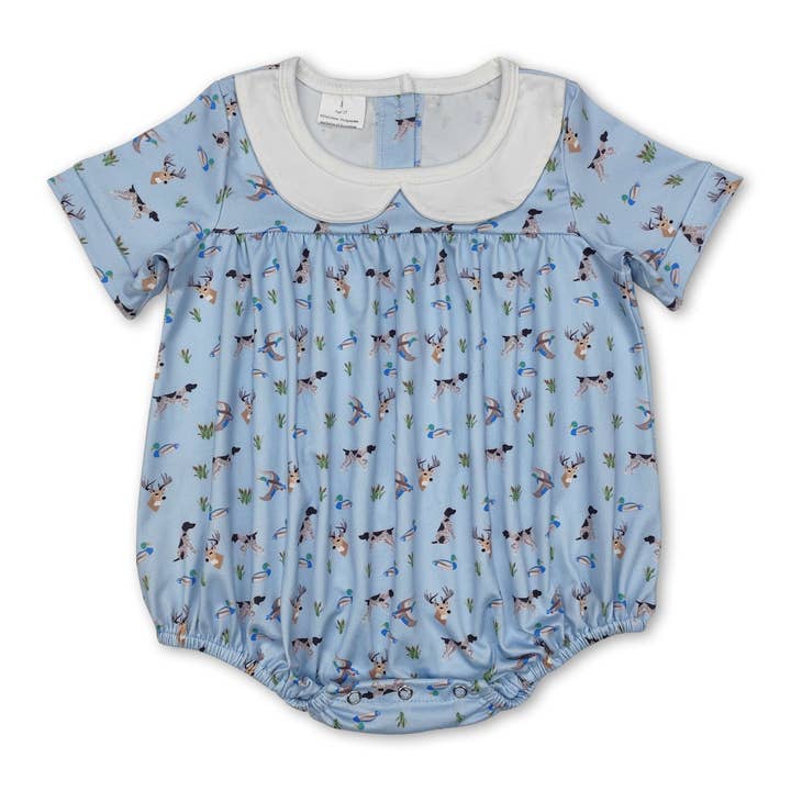 Short sleeves duck dog deer light blue baby boy romper for wholesale by Yawoo Garments