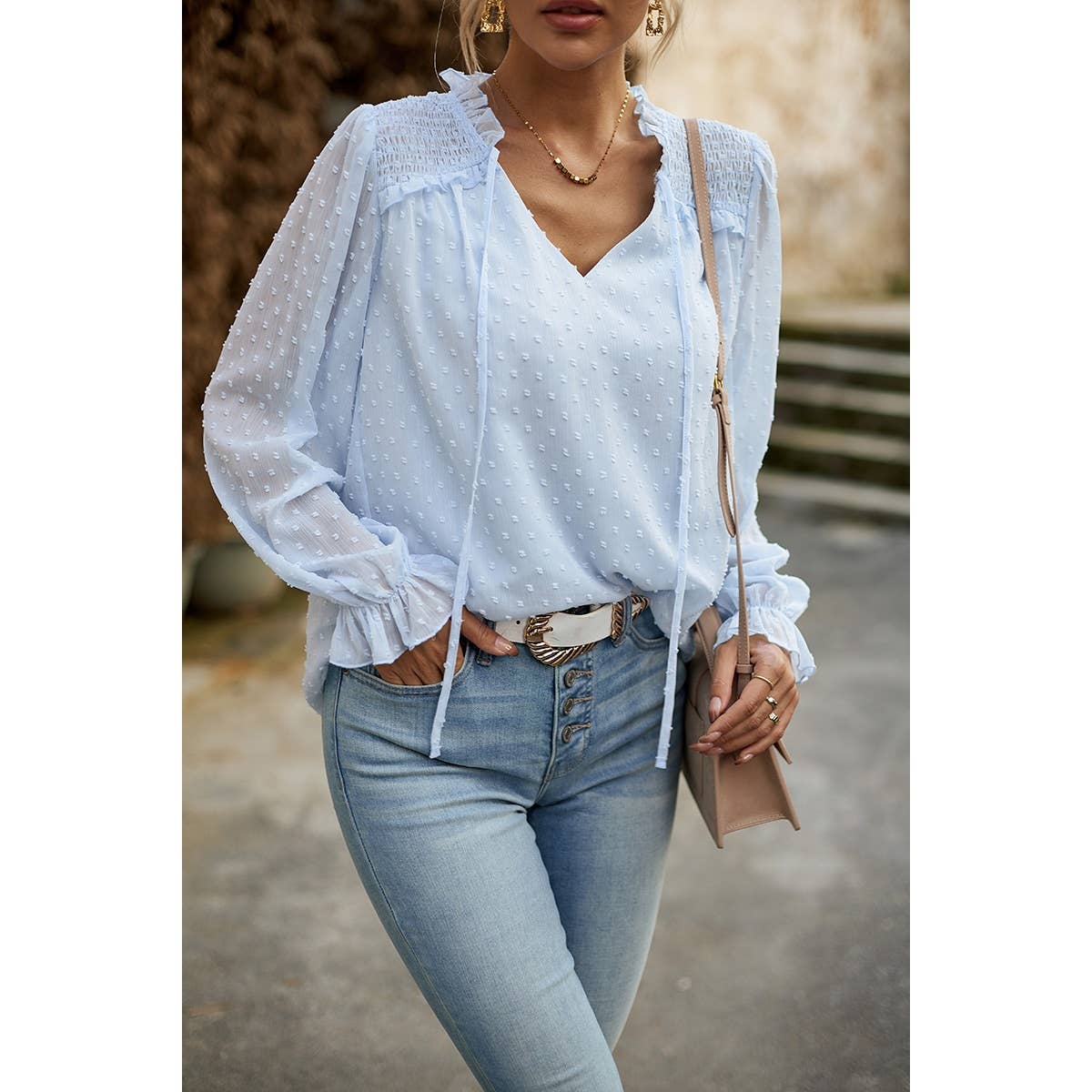 Elings - Wholesale Blouse - Women's - Swiss Dot Ruched Shoulder Hem Ruffle Blouse9