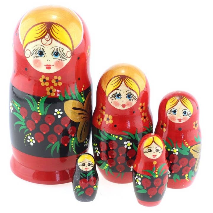 Red Floral Nesting Dolls Set, 5 Pcs/6" for wholesale by GSZ corporation DBA Gabriella's Gifts