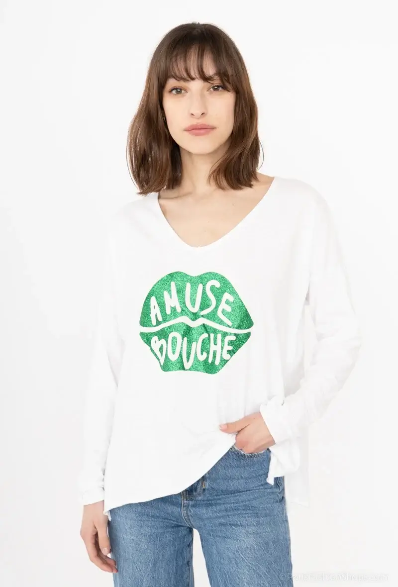 Mimi & Gogo - Vendita all'ingrosso Maglietta serigrafata - Donna - T-shirt con bocca verde « amuse bouche »10