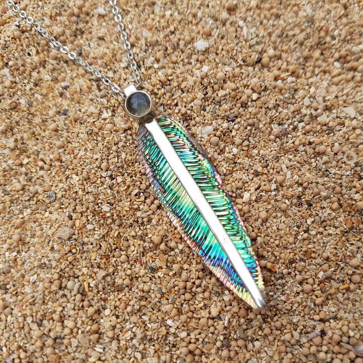 Feather Tribe - Wholesale Pendant/charm necklace - Blue Avian Feather Necklace with Moonstone4
