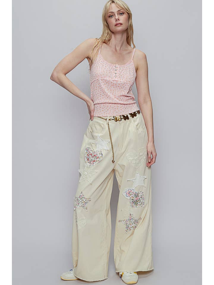 Pol Clothing - Wholesale Jeans - Women's - Embroidery solid floral wide denim pants