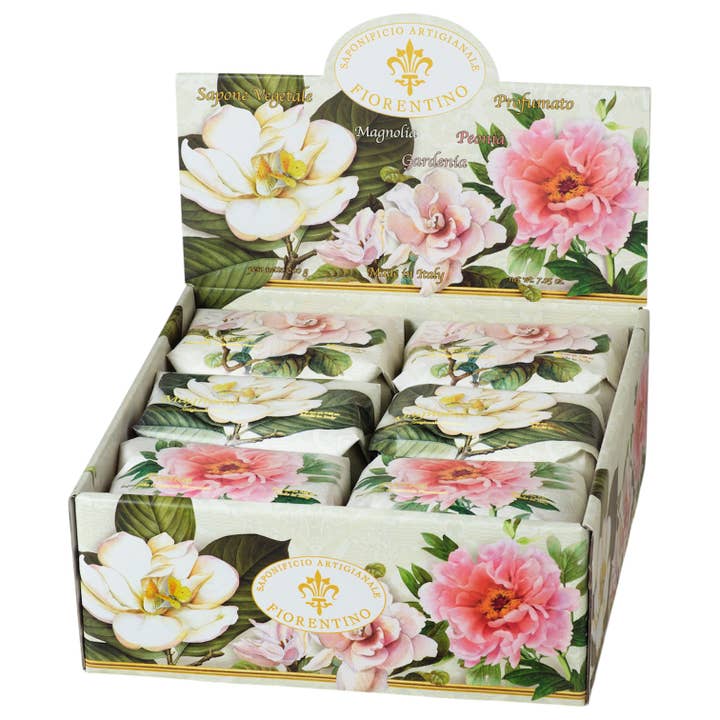 Gardenia, Magnolia & Peony 12-piece Soap Display for wholesale by Gentil Scents