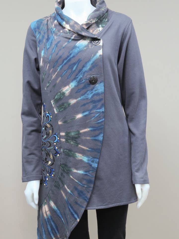 TT-J1865-GR - Emb. Tie Dye Cotton Fleece Jacket for wholesale by Leopards & Roses