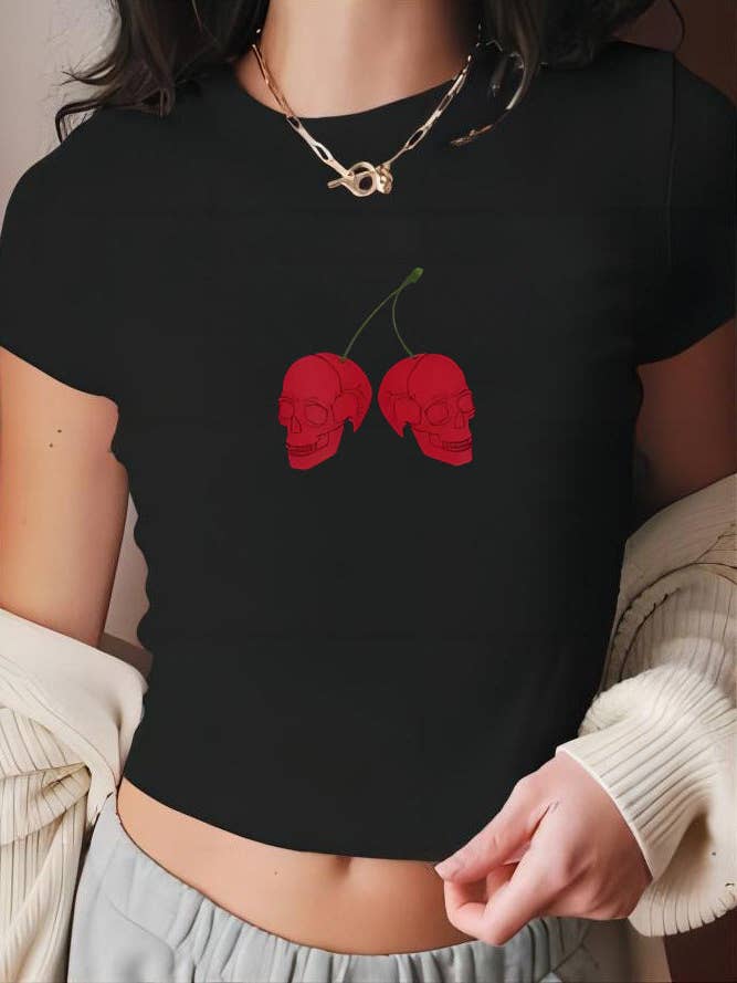 Black Y2K Street Skull Cherry Short Sleeve Crop Top Tee for wholesale on Faire1