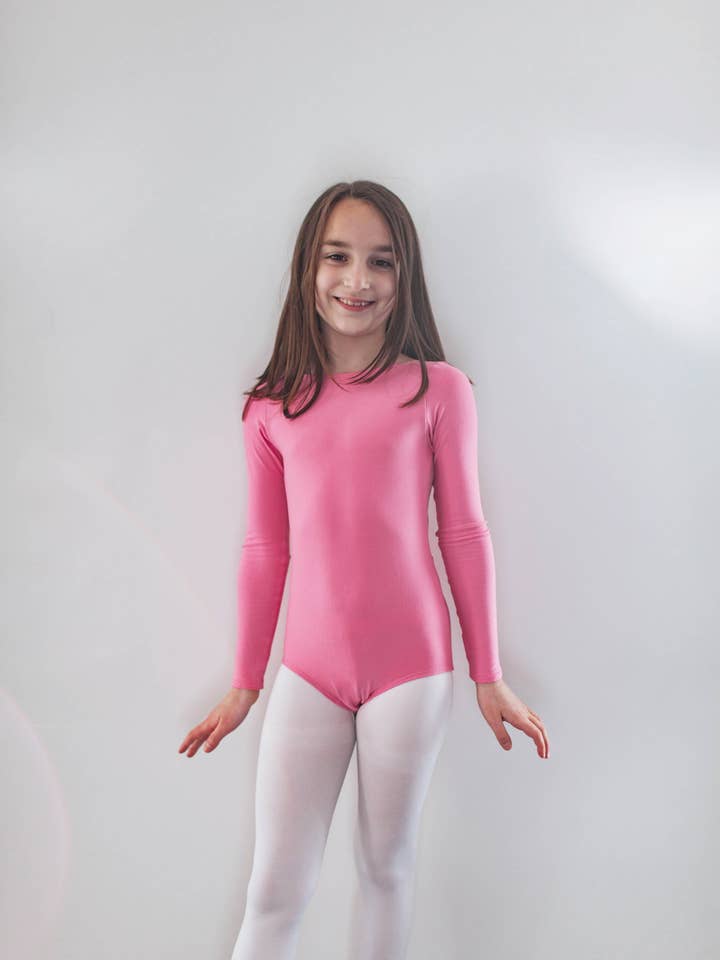 "Barbara Pink" v-back leo, long-sleeved for wholesale by Bear Bear Dancewear
