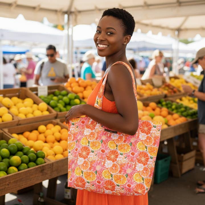 Borsa Grande Trapuntata in Agrumi Zip Arance e Dalie per la vendita all'ingrosso da parte di Katherine Way