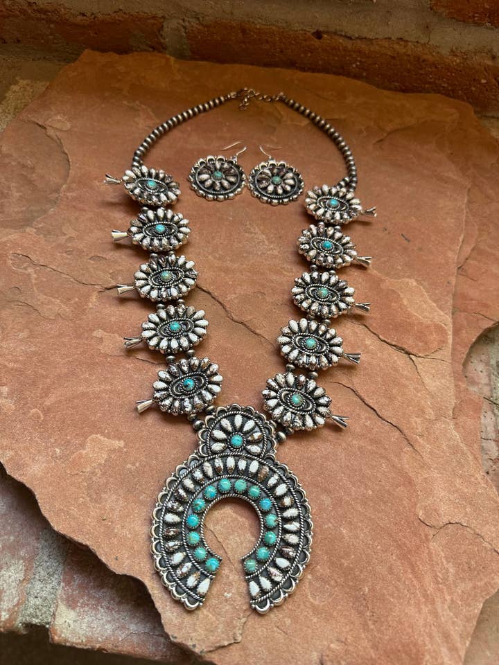 Handmade Sterling Silver, Wild Horse & Turquoise Squash Blossom Necklace Set Signed Nizhoni for wholesale by Nizhonitradersllc