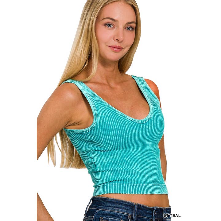 Apolline – wholesale Tank top – Women′s – WASHED RIBBED CROPPED BRA PADDED V-NECK TANK TOP ZENANA