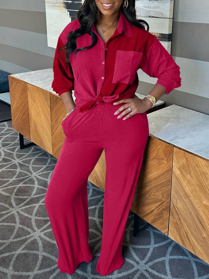 HIDDENBRAND - Wholesale Top & Pant Set (NOT Loungewear) - Women's - contrast color block shirt wide leg pant 2 piece set6